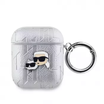Karl Lagerfeld PU Tłoczona Etui z Głowami Karla i Choupette dla AirPods 1/2 Srebrny