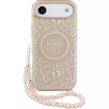 Guess Apple iPhone 17 Air Silikonowe etui z MagSafe Flowers Allover z perłowym paskiem Różowy