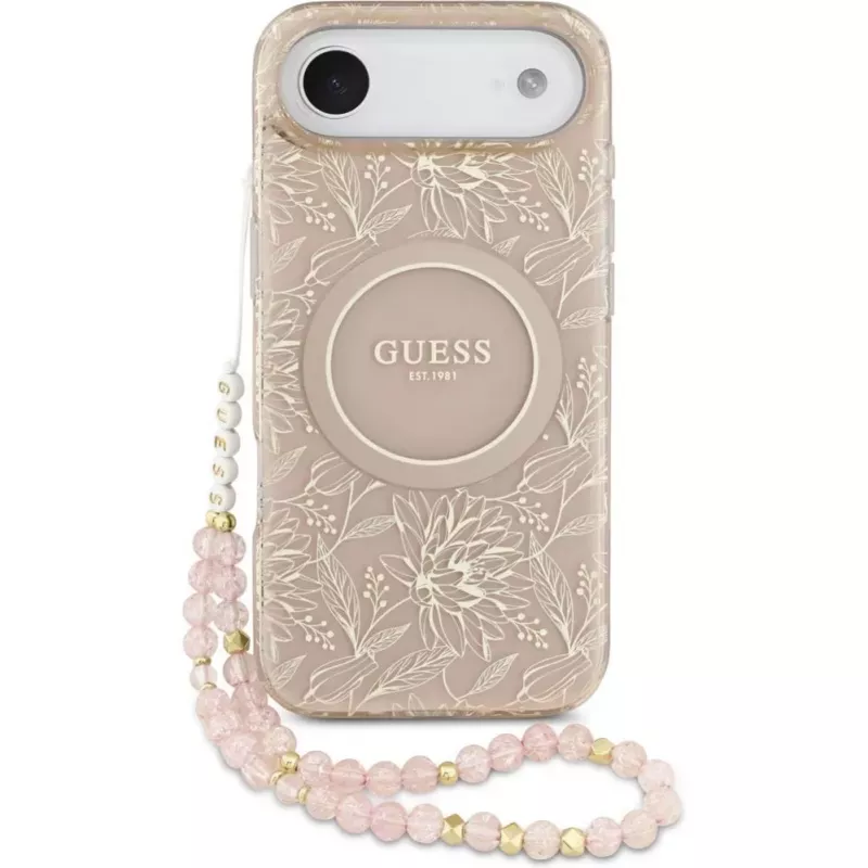 Guess Apple iPhone 17 Air Silikonowe etui z MagSafe Flowers Allover z perłowym paskiem Różowy