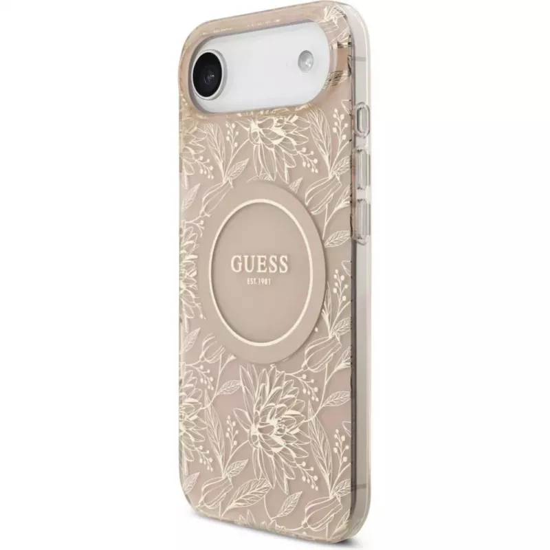 Guess Apple iPhone 17 Air Silikonowe etui z MagSafe Flowers Allover z perłowym paskiem Różowy