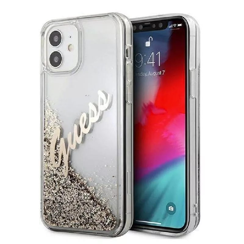 Guess Apple iPhone 12 Mini 5.4 cala Liquid Glitter Vintage Etui Złoty