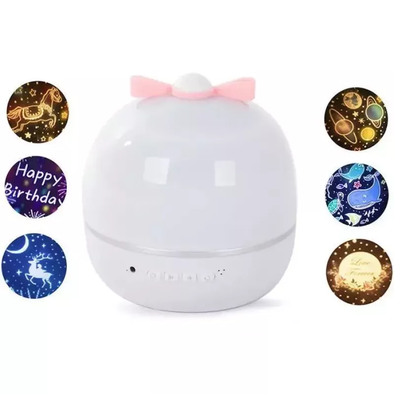 Kiddyz WH-16E Dream Projection Night Lamp (12x12x12 cm) z 6 filmami wzorów, ładowany przez USB-C, biały