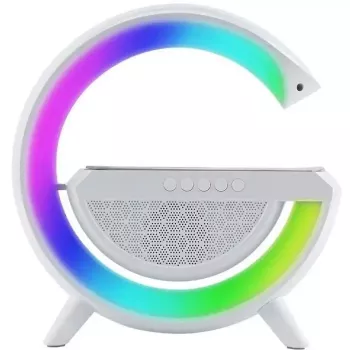 Lampa głośnikowa Elight w kształcie litery G z oświetleniem RGB LED i bezprzewodową ładowarką do smartfonów, biała