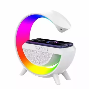 Lampa głośnikowa Elight w kształcie litery G z oświetleniem RGB LED i bezprzewodową ładowarką do smartfonów, biała