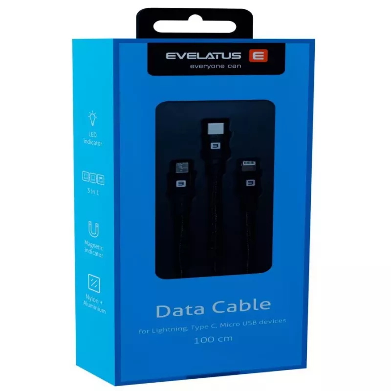 EVELATUS Data Cable 3in1 (Lightning, Type-C, Micro USB) LTM01 Czarny