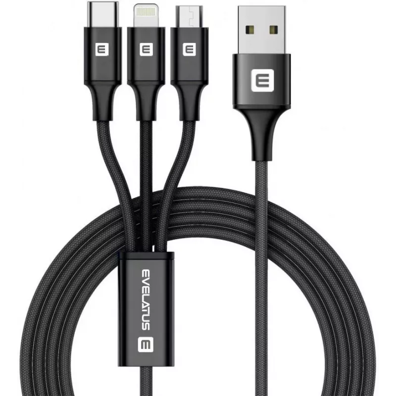 EVELATUS Data Cable 3in1 (Lightning, Type-C, Micro USB) LTM01 Czarny