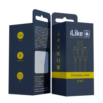 iLike Przewód Ładujący 3 w 1, USB-A do USB-C/Lightning/Micro USB, Pleciony Nylon, 1,2m, Czarny
