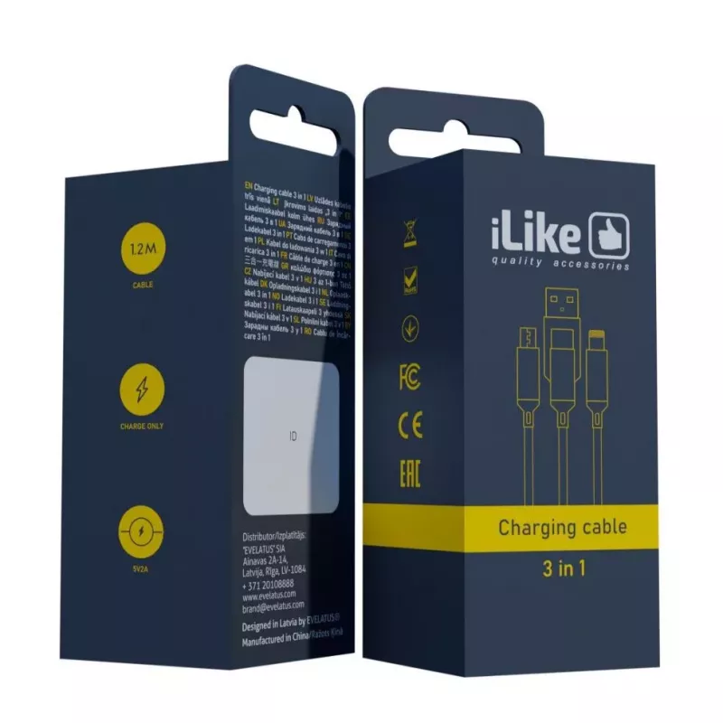 iLike Przewód Ładujący 3 w 1, USB-A do USB-C/Lightning/Micro USB, Pleciony Nylon, 1,2m, Czarny