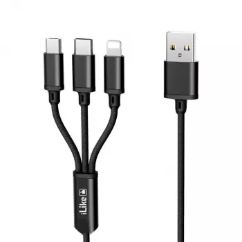 iLike Przewód Ładujący 3 w 1, USB-A do USB-C/Lightning/Micro USB, Pleciony Nylon, 1,2m, Czarny