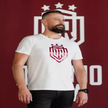 Męska koszulka Dinamo XL «DINAMO» z czerwonym metalicznym nadrukiem, biała