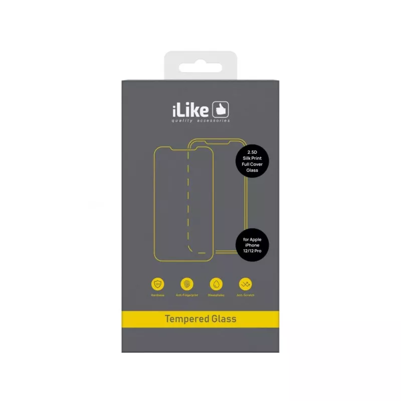 iLike Apple iPhone 12/12 Pro 2.5D Silk Print Full Cover Glass Screen Protector - Black
