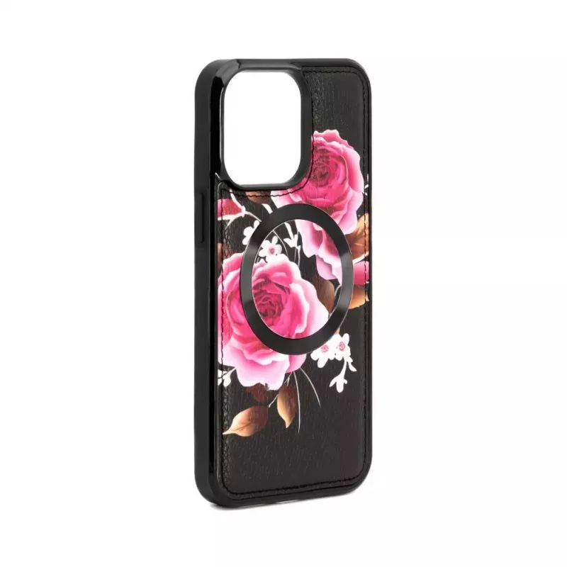 Evelatus Apple iPhone 15 Pro Etui Skórzane Zamek Wzór Kwiatowy Czarny