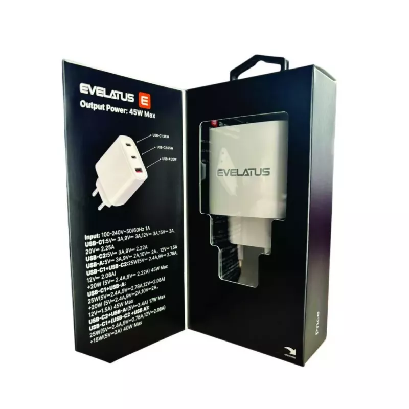 Evelatus 45W Max Fast Charger EU USB-C1/USB-C1/USB-A - RCE-4501ACCL Biały