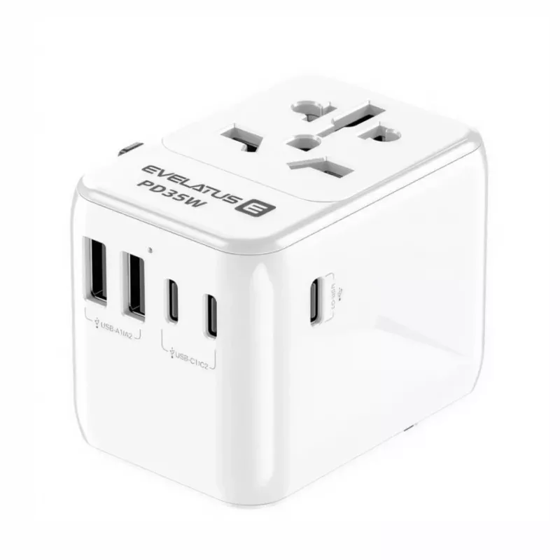 EVELATUS 35W World Travel Adapter z 1 PD USB-C, 2 USB-C, 2 USB-A, Biały