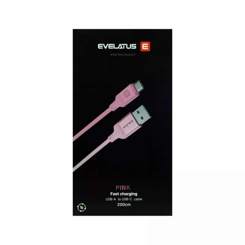 Evelatus USB-A do USB-C Kabel 2M Pleciony Nylon Aluminiowa Obudowa Różowy