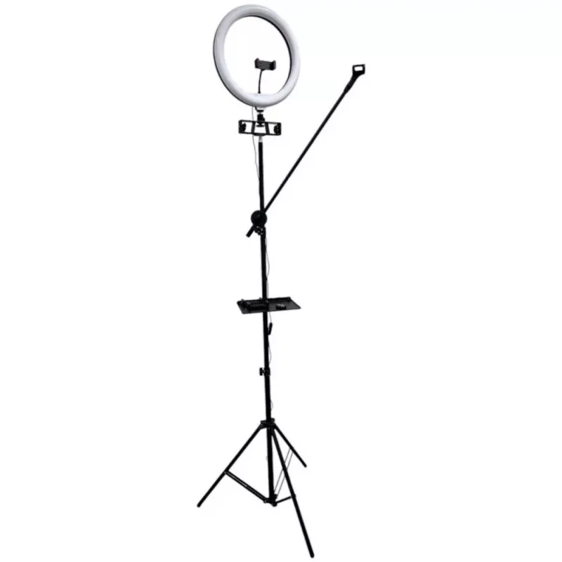 iLike S12 LED Selfie 31cm Ring Light Lamp + Tripod Stand 2.1m + Shelf & 3x Phone / Mic Holder Black