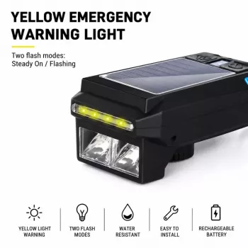 iLike Solar Powered Bike Headlight z 120dB klaksonem, USB ładowalne, 1000LM LED przednie światło rowerowe, bateria 4000mAh, awaryjne światło ostrzegawcze