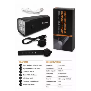iLike Ładowana przez USB lampka rowerowa z klaksonem elektrycznym 120dB, 300 lumenów LED, przełącznik na kierownicę