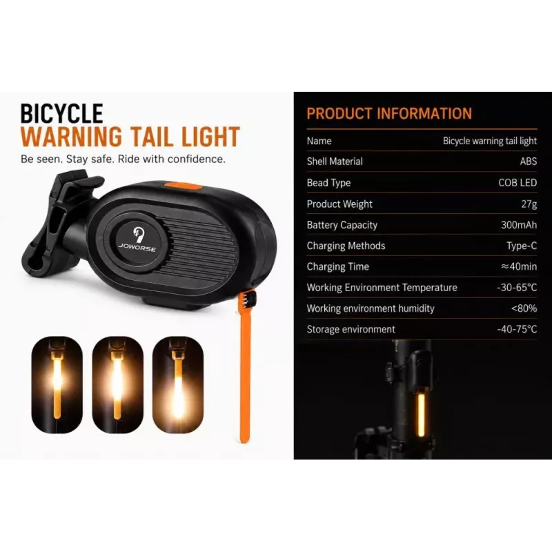 iLike JOWORSE Rechargeable COB LED Bike Tail Light, USB-C Bicycle Rear Safety Light, 300mAh Waterproof Cycling Warning Light