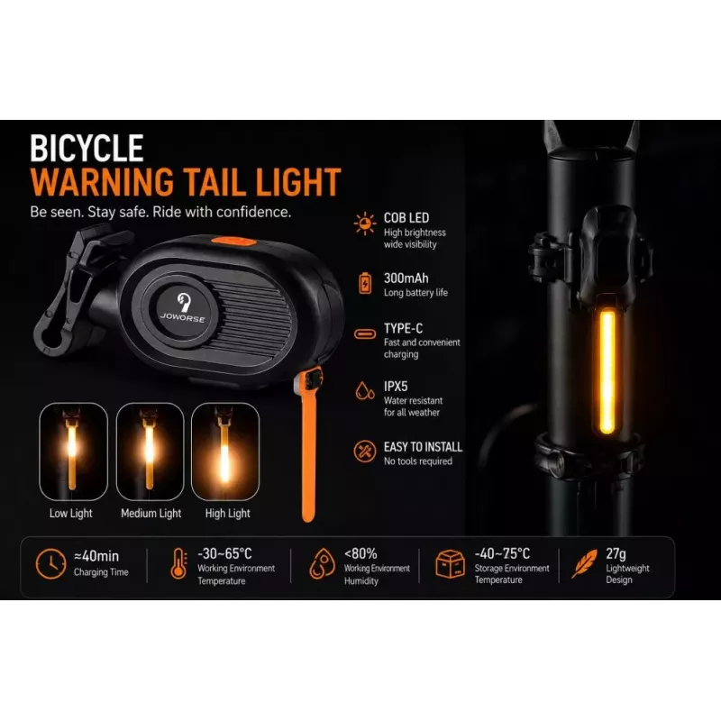 iLike JOWORSE Rechargeable COB LED Bike Tail Light, USB-C Bicycle Rear Safety Light, 300mAh Waterproof Cycling Warning Light