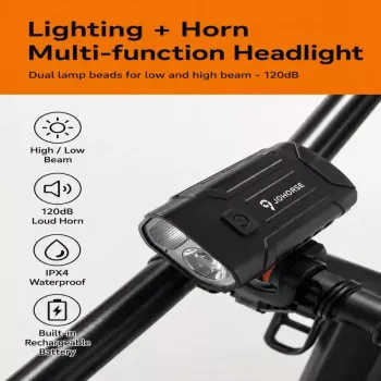 iLike JOHORSE Rechargeable Bike Light z 120dB klaksonem, USB LED lampa rowerowa, światła drogowe/mijania, IPX4 wodoodporna, przednie światło rowerowe czarne