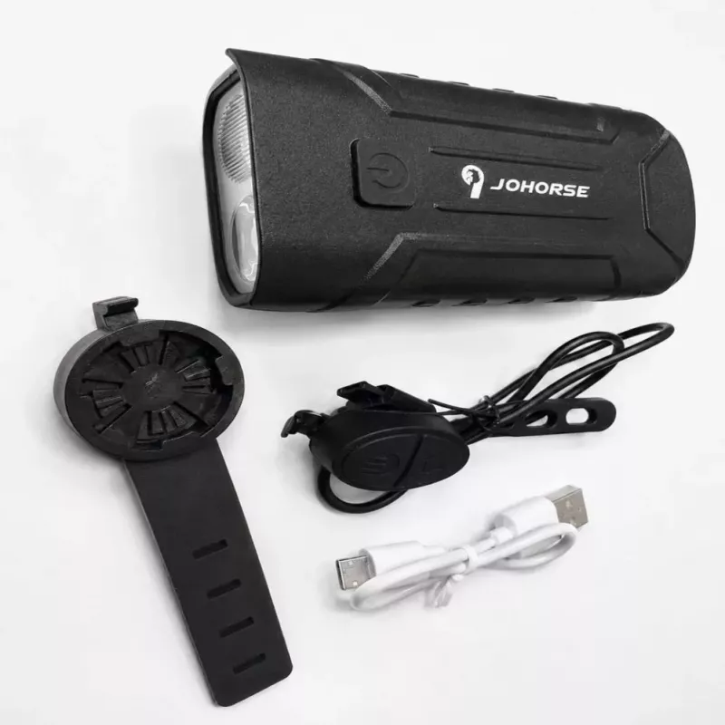 iLike JOHORSE Rechargeable Bike Light z 120dB klaksonem, USB LED lampa rowerowa, światła drogowe/mijania, IPX4 wodoodporna, przednie światło rowerowe czarne