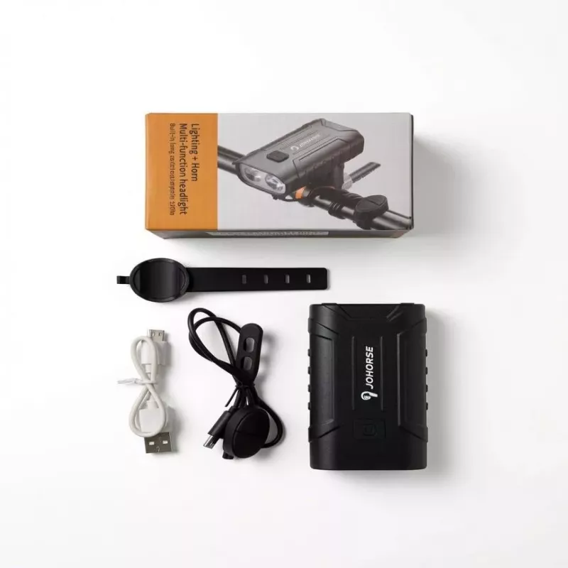 iLike JOHORSE Rechargeable Bike Light z 120dB klaksonem, USB LED lampa rowerowa, światła drogowe/mijania, IPX4 wodoodporna, przednie światło rowerowe czarne
