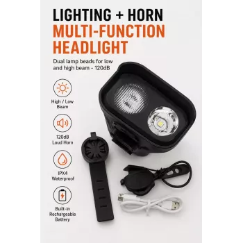 iLike JOHORSE Rechargeable Bike Light z 120dB klaksonem, USB LED lampa rowerowa, światła drogowe/mijania, IPX4 wodoodporna, przednie światło rowerowe czarne