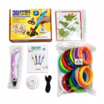 iLike 3D Pen-3 z wyświetlaczem LCD i 10 szablonami Niebieski + zestaw filamentów PLA: 20 kolorów po 10 metrów (łącznie 200 metrów) Różowy