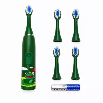 iLike Kids Sonic Electric Toothbrush, Waterproof, 5 Brush Heads (1+4 Replacement Heads), Battery Powered, Soft Bristles, Green Frog Design, Green
