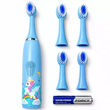 iLike Kids Sonic Electric Toothbrush, Waterproof, 5 Brush Heads (1+4 Replacement Heads), Battery Powered, Soft Bristles, Unicorn Design, Blue