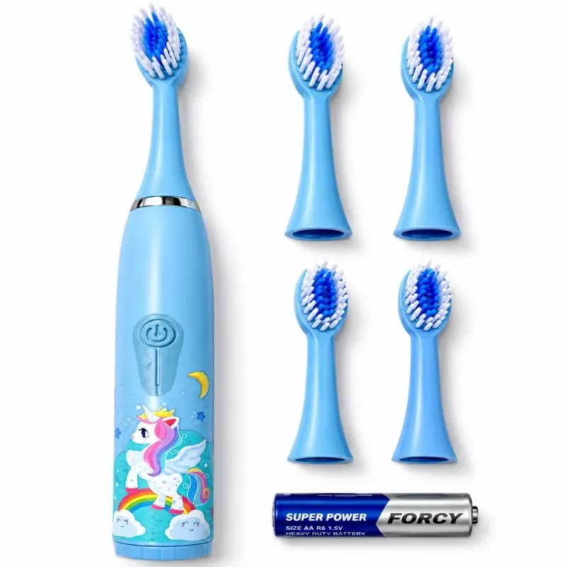 iLike Kids Sonic Electric Toothbrush, Waterproof, 5 Brush Heads (1+4 Replacement Heads), Battery Powered, Soft Bristles, Unicorn Design, Blue