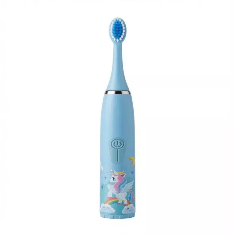 iLike Kids Sonic Electric Toothbrush, Waterproof, 5 Brush Heads (1+4 Replacement Heads), Battery Powered, Soft Bristles, Unicorn Design, Blue