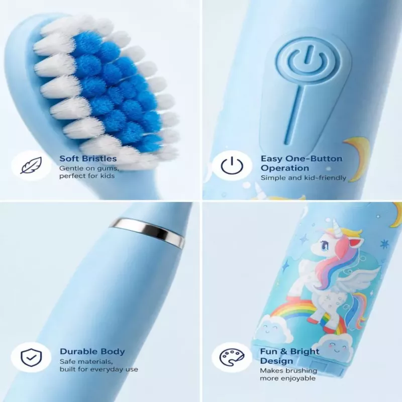 iLike Kids Sonic Electric Toothbrush, Waterproof, 5 Brush Heads (1+4 Replacement Heads), Battery Powered, Soft Bristles, Unicorn Design, Blue