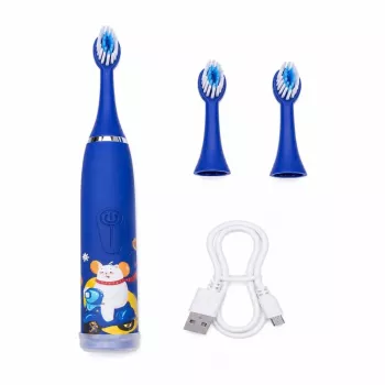 iLike Kids Rechargeable Sonic Electric Toothbrush, USB Charging, 3 Brush Heads (1+2 Replacement Heads), Soft Bristles, Waterproof, Blue Bear Design Blue