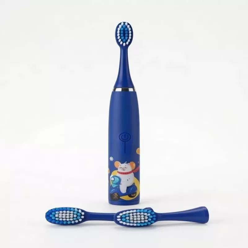 iLike Kids Rechargeable Sonic Electric Toothbrush, USB Charging, 3 Brush Heads (1+2 Replacement Heads), Soft Bristles, Waterproof, Blue Bear Design Blue
