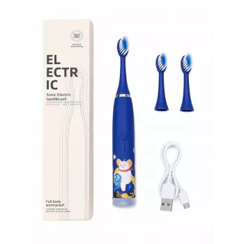 iLike Kids Rechargeable Sonic Electric Toothbrush, USB Charging, 3 Brush Heads (1+2 Replacement Heads), Soft Bristles, Waterproof, Blue Bear Design Blue