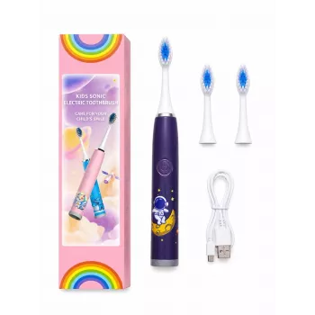 iLike Kids Rechargeable Sonic Electric Toothbrush, USB Charging, 3 Brush Heads (1+2 Replacement Heads), Soft Bristles, Waterproof, Space Astronaut Design Purple