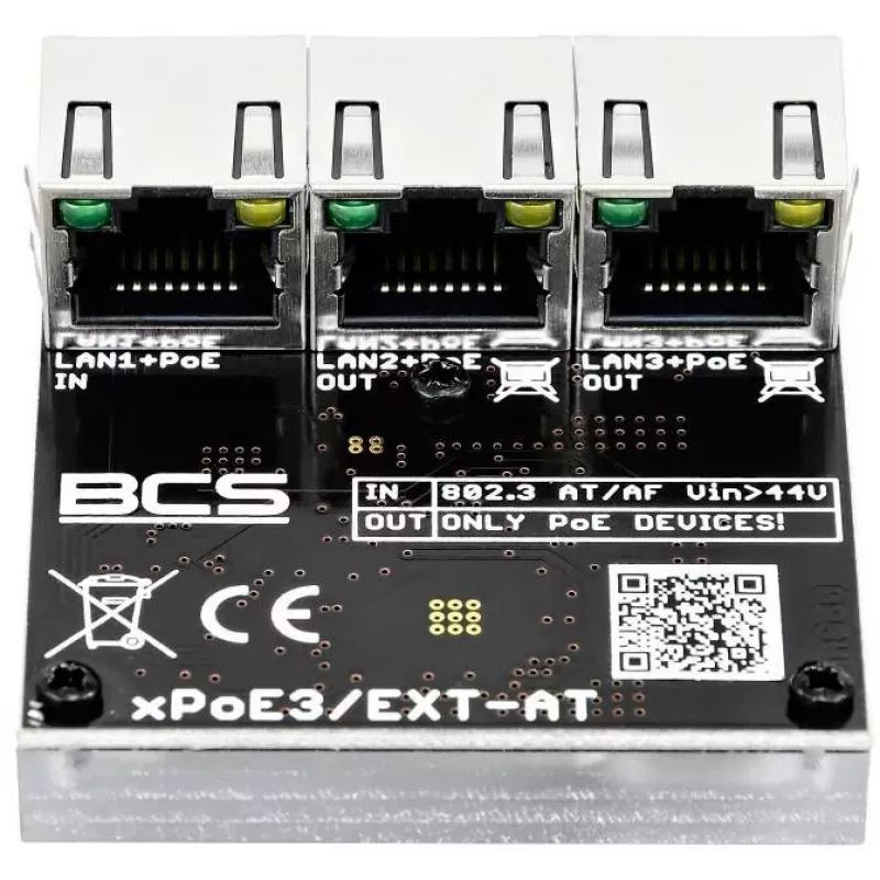 BCS BCS-xPoE3/EXT-AT 3-Portowy Przełącznik PoE+, 2x PoE+ 30W, 1x Uplink, 250m EXTEND, Metal
