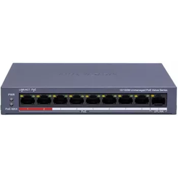 Hikvision DS-3E0109P-E/M(C) 9-portowy przełącznik Fast Ethernet PoE, 8 portów PoE, budżet 65W, niezarządzalny