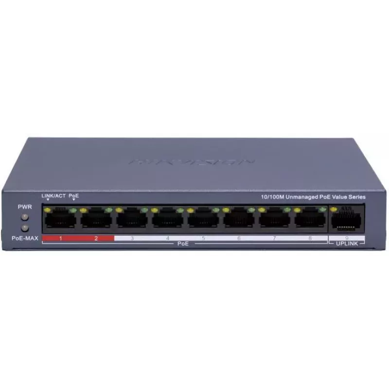 Hikvision DS-3E0109P-E/M(C) 9-portowy przełącznik Fast Ethernet PoE, 8 portów PoE, budżet 65W, niezarządzalny
