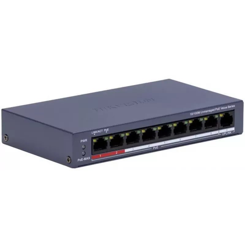 Hikvision DS-3E0109P-E/M(C) 9-portowy przełącznik Fast Ethernet PoE, 8 portów PoE, budżet 65W, niezarządzalny
