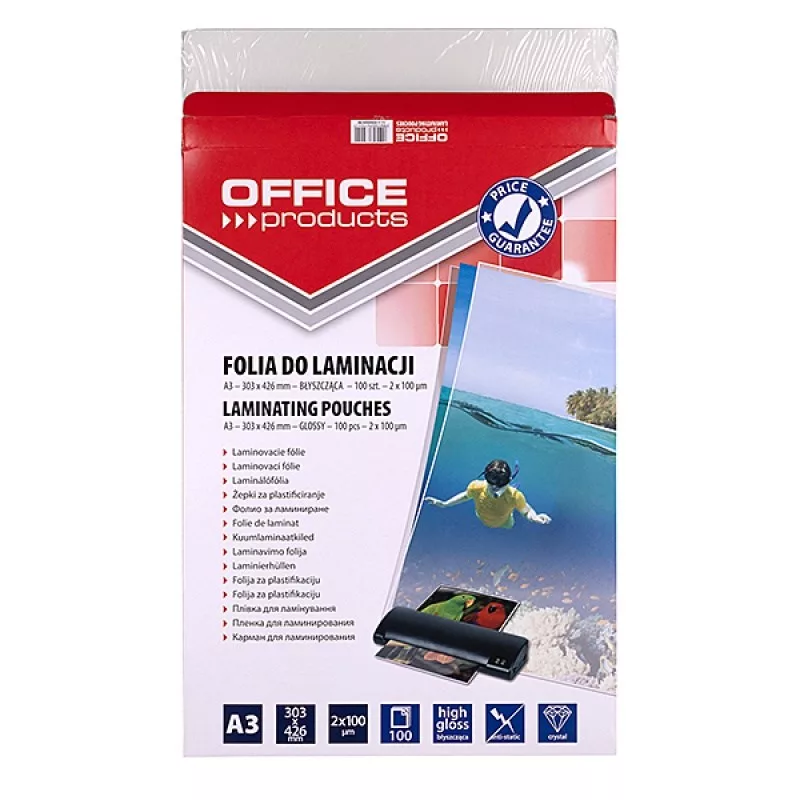 Folia do laminowania PBS OFFICE PRODUCTS A3 2x100 mikronów błyszcząca 100 arkuszy przezroczysta