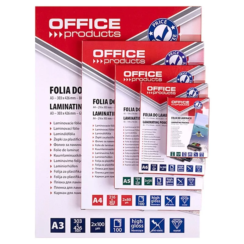 Folia do laminowania PBS OFFICE PRODUCTS A3 2x100 mikronów błyszcząca 100 arkuszy przezroczysta