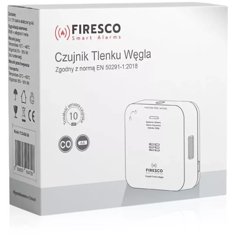 Czujnik tlenku węgla FIRESCO FCO-850 SA z wyświetlaczem LCD, żywotność 10 lat