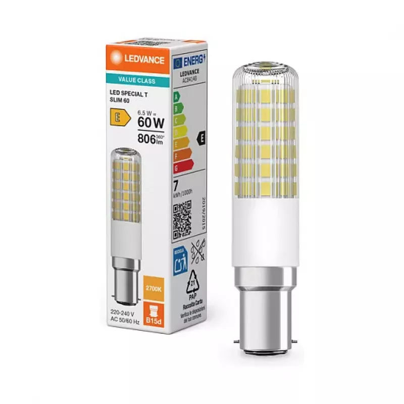 OSRAM LED SPECIAL T 6.5W 827 Clear B15d Tubular LED Lamp, 806 lm, 2700 K, Warm White, Non-Dimmable, Pack of 2