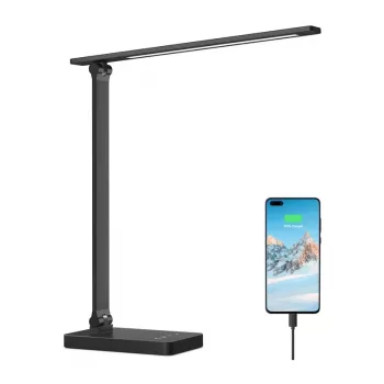Lampa biurkowa Lepro 310004 (czarna) - LED, sterowanie dotykowe, ładowanie USB, 10W, 400 lumenów, 5 temperatur barwowych, 7 poziomów jasności, timer 60-minutowy, bez migotania, przyjazna dla oczu