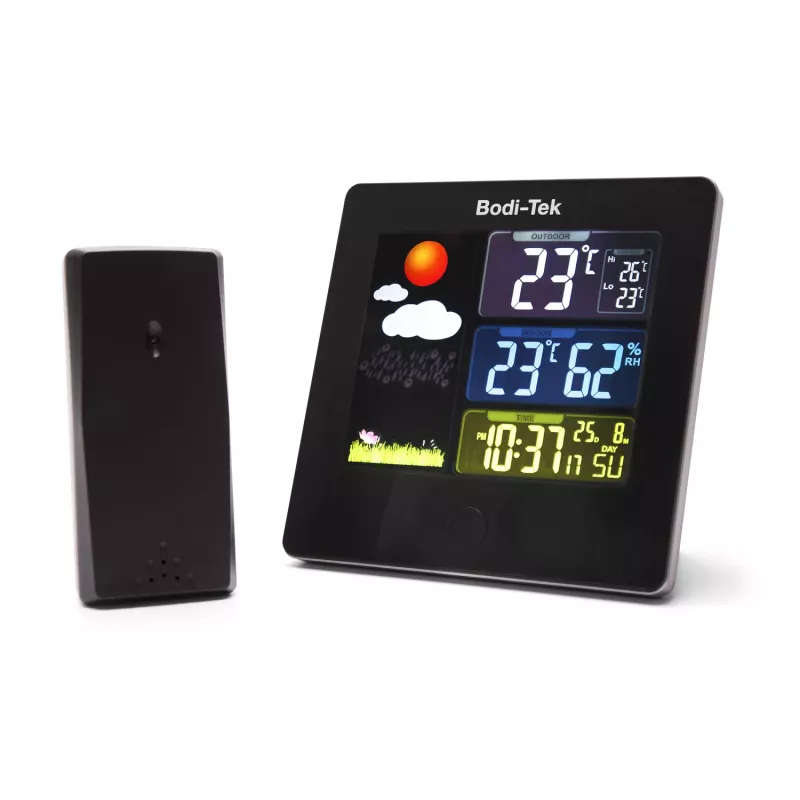 Bodi-Tek BT-HGWS-EU/1,2 Cyfrowa Stacja Pogodowa z Bezprzewodowym Czujnikiem Zewnętrznym, Wyświetlacz LCD, Prognoza Pogody, Faza Księżyca, Alarm, Podświetlenie