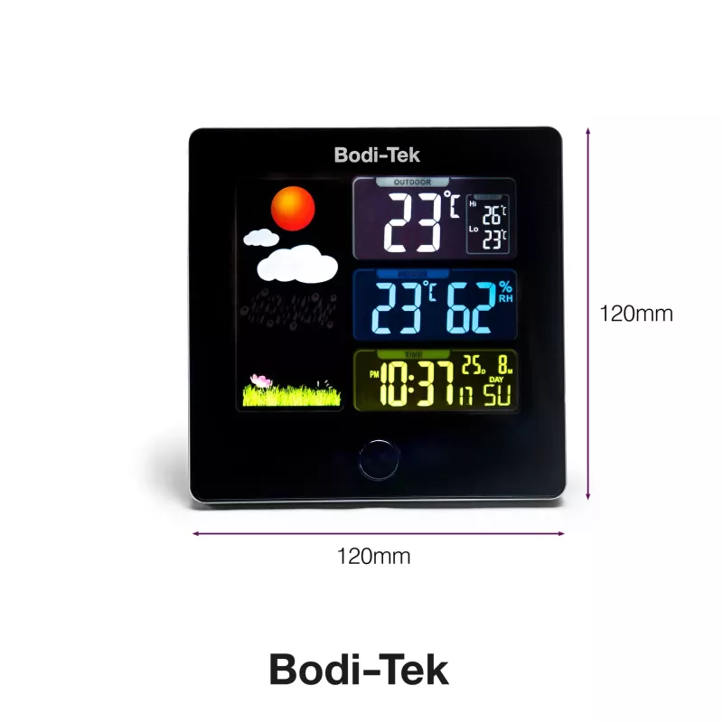 Bodi-Tek BT-HGWS-EU/1,2 Cyfrowa Stacja Pogodowa z Bezprzewodowym Czujnikiem Zewnętrznym, Wyświetlacz LCD, Prognoza Pogody, Faza Księżyca, Alarm, Podświetlenie