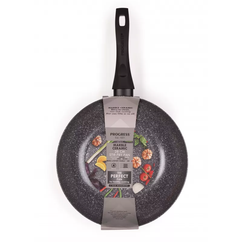Progress BW12915EU7 Patelnia Wok z Pokrywką, Marmur Ceramiczny, 28 cm